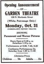Flyer of title "Opening Announcement of Garden Theatre" - White Patronage only circa 1927