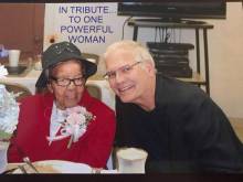 Ida Ruth (Price) Gulliver and friend pose for picture; background text reads "In Tribute to One Powerful Woman"