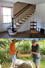 2 photos together; 1st of house stairwell, 2nd of 2 men digging for artifacts in yard