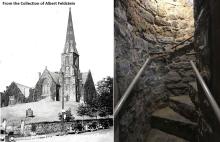 Split image of church and underground railroad stairway