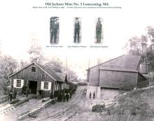 Black and white photo of Jackson mine with workers going in mine