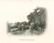 Pencil drawing of book wagon on farm road with farm and trees