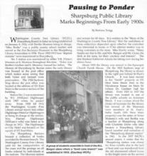 Newspaper article clipping titled Pausing to Ponder about Sharpsburg Library
