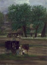 Painting of book wagon with family of 4 and trees and home in background