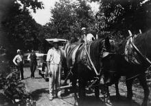 Bookmobile on country road pulled out of mud by horses and team of helpers