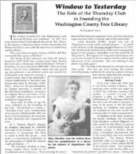 Photocopy of newspaper article "Window to Yesterday"; picture of woman in chair