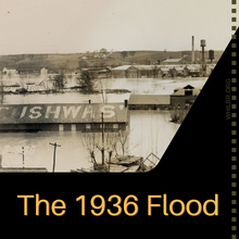 1936 Flood icon; cropped picture of Cushwas building during flood