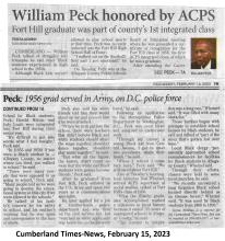 Newspaper article about William Peck, one of the first African American students to graduate from Fort Hill High School in Cumberland