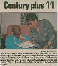 Newspaper clipping titled "Century plus 11"; photo of Edith Taylor and Doris Howard