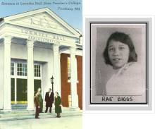 2 photos - 1 postcard of Lowndes Hall, State Teachers College; 1 portrait of Miss Rae A. Biggs