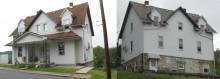 2 photos of house with white siding; front of home and back of house