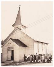  historical photo, residents of Brownsville stand outside the John Wesley A.M.E. Church, built in 1885