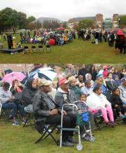 2 photos of people gathering on lawn in folding chairs, some with umbrellas