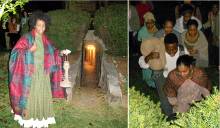 2 photos of woman and group in 1850s dress going through slave underground tunnel in Cumberland 