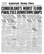 Front page of Cumberland Evening Times with headline "Cumberland's Worst Flood Paralyses Downtown Shops"