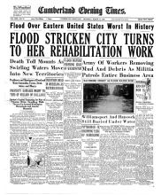 Newspaper headline from Cumberland Evening Times - "Flood Stricken City Turns to Her Rehabilitation Work"