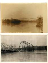 2 photos of the Hancock Bridge, 1 is a postcard of bridge, 1 is damage from 1936 Flood
