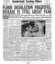 Newspaper headline "Flood Desolation Frightful: Disease is Still Great Fear"