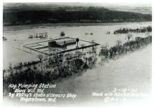 Aerial view of Hagerstown Pumping Station underwater during 1936 Flood