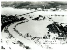 Aerial view of Williamsport Bridges through Potomac River during 1936 Flood