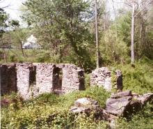 Image of ruins left from Folck's Mill, 4 pillars of bricks still standing