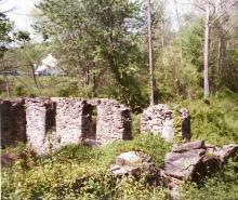 Image of ruins left from Folck's Mill, 4 pillars of bricks still standing