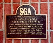 Building memorial plaque, SGA - Elizabeth Hitching Administration Building