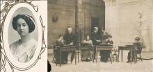 2 photos, 1 portrait of Gertrude Du Brau, 1890-1966; 1 picture of 4 students at classroom tables with 3 teachers overlooking 