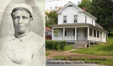 2 Pictures; Portrait of Jane Gates and picture of white home on hill