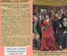 Women’s Suffrage Postcard; women voting and newspaper article title "Suffragists to March in Labor Pageant"
