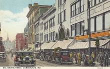 Postcard drawing of cars and people on Baltimore Street, Cumberland, MD circa 1930s