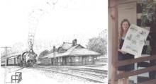 2 pictures, 1 of sketch drawing of train and train station; 1 of Judy DeHart Davis holding sketches