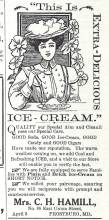 Newspaper advertisement for Ice Cream; drawing of woman in hat eating ice cream, circa 1911
