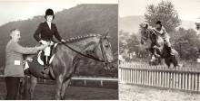 2 photos; 1 of women on horse with man handing her a trophy; women on horse jumping a fence