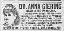 Newspaper advertisement - "Dr. Anna Giering, Registered Physician"