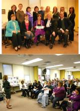 2 photos; 1 group photo of Women Leaders, Past & Present; 1 of speaker and room full of guests