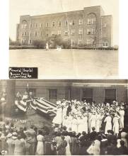 2 photos - 1 of Memorial Hospital Nurses Home, Cumberland, MD - 3 women on lawn; nurses gathering for graduation ceremony