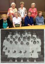 2 photos - 1 of 7 older women posing for picture; 1 photo of nursing graduates, 1948