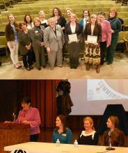 2 photos; 1 group photo of Women Leaders; 1 of speaker and 3 panelists 