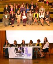 2 photos - 1 of Women Leaders seated in auditorium seats; 1 of panel discussion