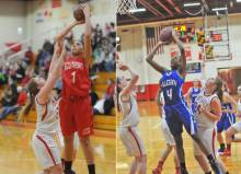 2 photos, both of girls taking a jump shot; Lauren Francillon and Micah Wormack