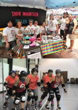 2 photos - 1 of Cumberland Pride Festival Booth; 1 of roller derby girls skating