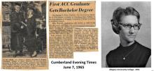 Newspaper clipping about "First ACC Graduate Gets Bachelor Degree" and graduation photo of Margaret Wigfield