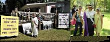 2 photos; 1 of woman dressed in 1920s attire with signs commemorating Suffragette movement;  1 photo of 3 women, event participants
