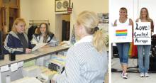Heather Ware and Tiffany DeVore in County Clerk's office with clerk; second photo of them holding posters celebrating same sex marriage