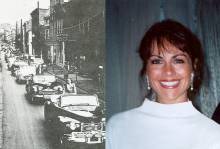 2 photos; 1 of procession of cars in parade carrying pageant winners; 1 photo of Kathy Neff