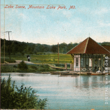 Postcard of Lake Scene, Mountain Lake Park; people in the boat house