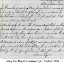 Handwritten letter at the request of Mary Ann Moore's enslaved girl, Rachel, 1838