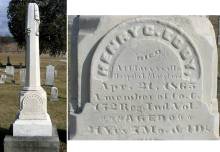Photo of 2 cemetery memorials at Antietam Cemetery; 1 tall  memorial pic, 1 close up of text "Henry C. Eddy"