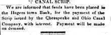 News article from Hagerstown Mail, 1835 - "Canal Scrip."